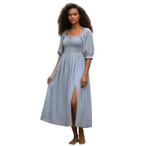 R.Vivimos Blue Swiss Dot Smocked Midi Dress Puff Sleeve Cottagecore Boho Slit